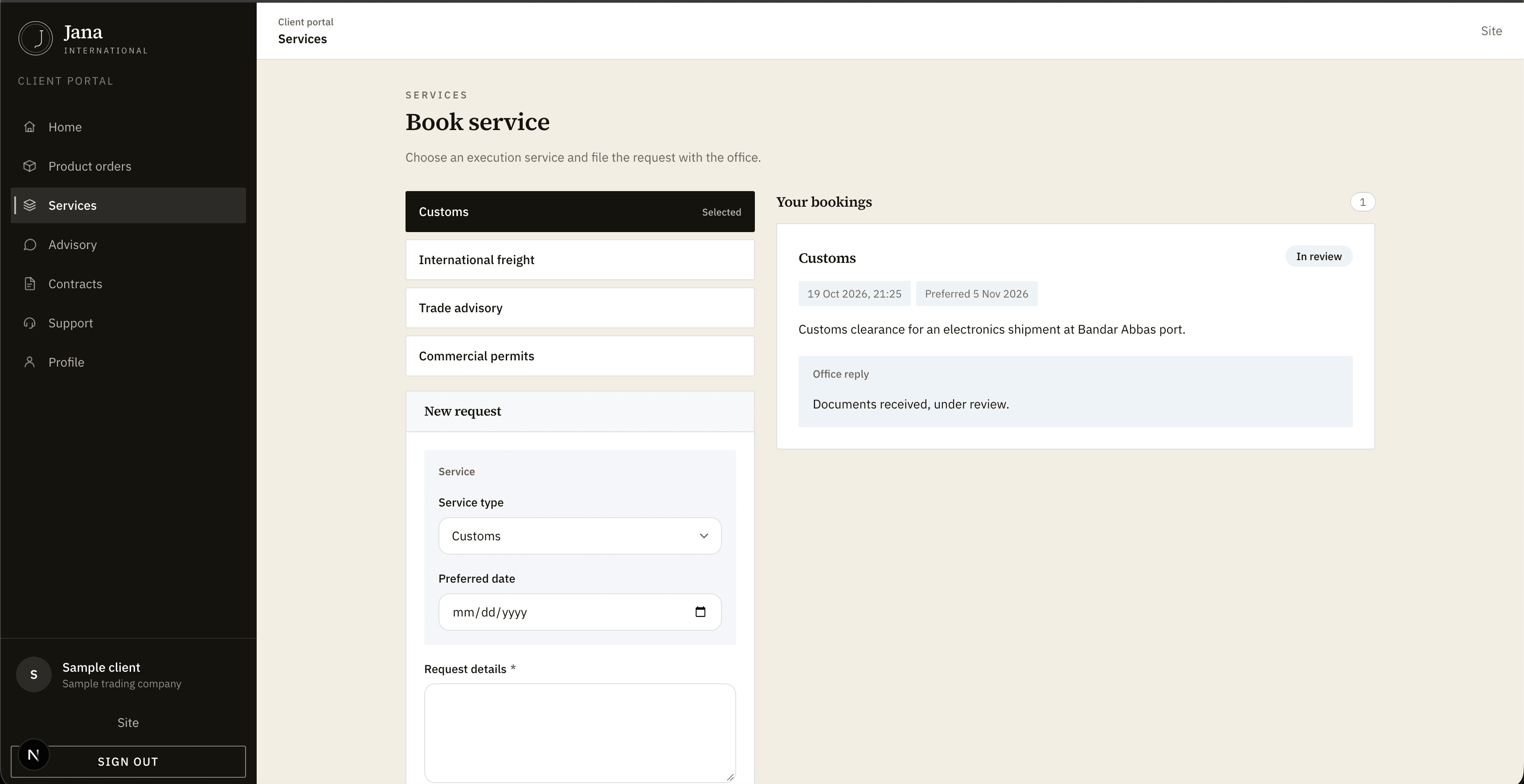 Screenshot of a service booking